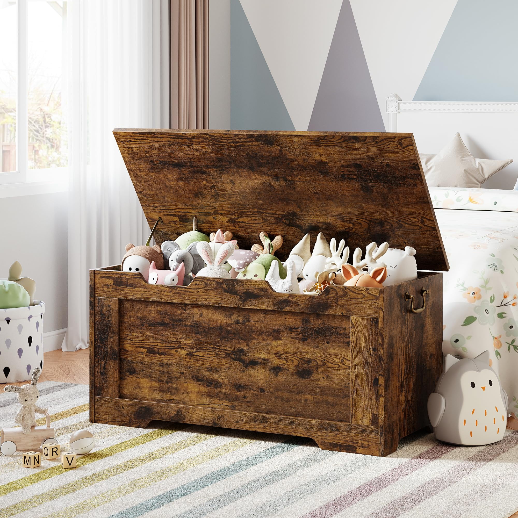 Huisuilinss Storage Bench,24.8” Retro Wooden Storage Chest with U-Shaped Cut-Out Pull, Safety Hinge, Supports 350 lb and Easy Assembly for Toy Box Organizer