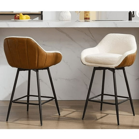 Huisuilinss Swivel Bar Stools Set Of 2,Modern Counter Height Bar Stools,Upholstered Sherpa Fabric Barstools,Island Chairs With Backs And Metal Legs For Bar Kitchen Island Dining Room
