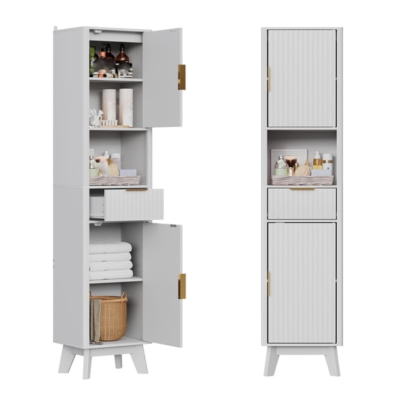 Huisuilinss Tall Bathroom Storage Cabinet,Slim Bathroom Cabinet Wth 2 Wave Doors And 1 Drawer,Narrow Storage Unit,Corner Floor Cabinet For Kitchen Living Room Entryway,1PCS