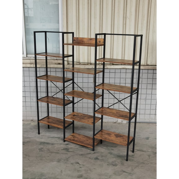 Huisuilinss Triple Column 5 Tier Bookshelf, Industrial 5 Tier Bookshelf,Bookcase with 14 Open Display Shelves,Adjustable Rustic Industrial Style Book Shelves, Modern Bookshelves for Home Office