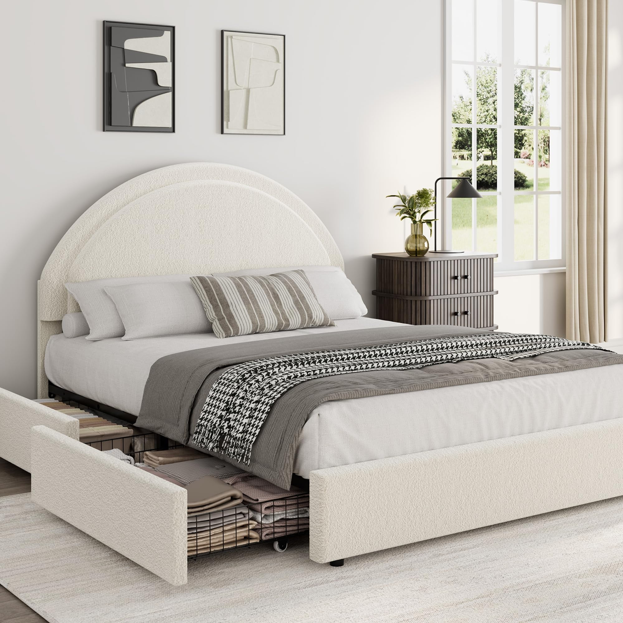 Huisuilinss Twin Bed Frame With Round Headboard,Full Size Bed Frame,Boucle Upholstered Platform Bed,Queen Bed Frame With Storage Drawers,Noise Free,No Box Spring Needed,Easy Assembly