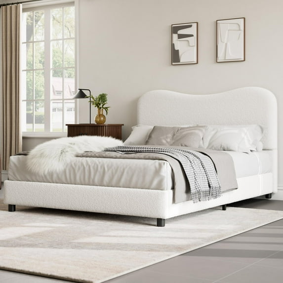 Huisuilinss Twin Bed Frame With Upholstered Headboard,Full Size Low Profile Platform Bed With Soft Boucle Fabric,Wooden Slats,Noise Free,No Box Spring Needed,Queen Size Bed Frame