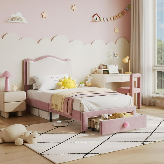 Huisuilinss Twin Bed Frame,Upholstered Platform Bed Frame,With Storage Drawer & Scallop Headboard,Wooden Slats Support,No Box Spring Needed,Easy Assembly