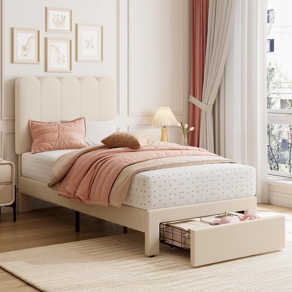 Huisuilinss Twin Size Bed Frame,Boucle Upholstered Platform Bed With Wave Headboard And Under-Bed Drawer,Wooden Slats Support,No Box Spring Needed
