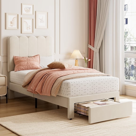 Huisuilinss Twin Size Bed Frame,Boucle Upholstered Platform Bed With Wave Headboard And Under-Bed Drawer,Wooden Slats Support,No Box Spring Needed