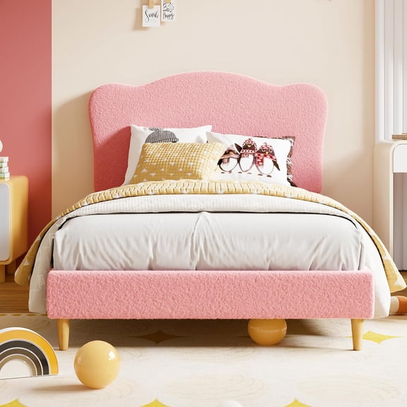 Huisuilinss Twin Size Bed Frame,Upholstered Bed Frame,Full Bed Frame,Platform Bed Frame With Velvet Scallop Headboard,No Box Spring Needed,Wooden Slats,Noise Free For Girls Boys