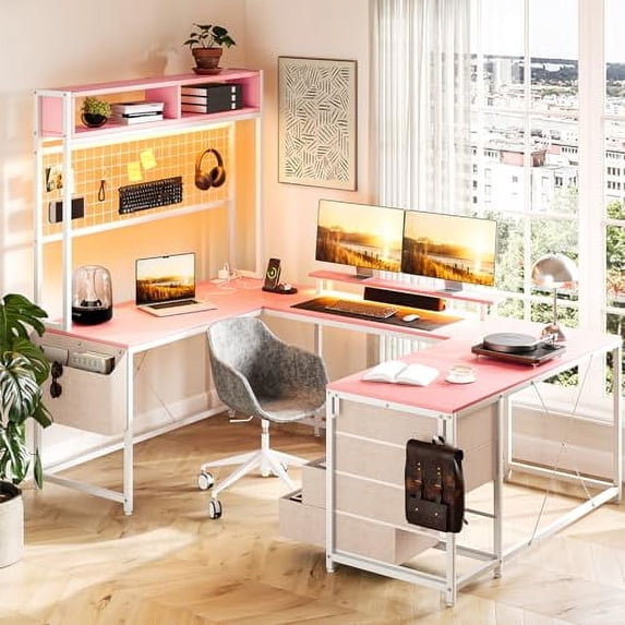 Huisuilinss U Shaped Computer Desk,78.7" Reversible Gaming Desk,Corner Large Home Office Desk With Led Lights,Ergonomic Monitor Stand,Power Outlets,Storage Shelves,4 Drawer