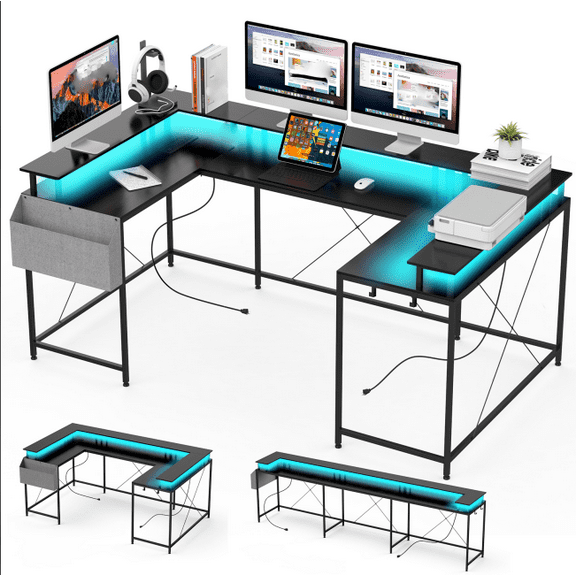Huisuilinss U Shaped Desk Large Corner Office Desk With Monitor Stands PC Gaming Desk With Power Outlet & LED Lights Reversible L Shaped Computer Desk For Home Office
