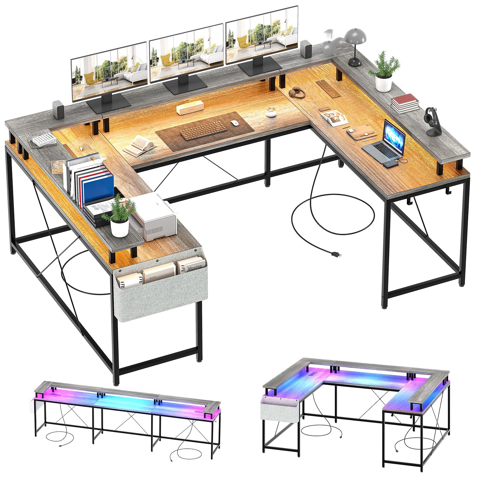 Huisuilinss U Shaped Desk Large Corner Office Desk With Monitor Stands PC Gaming Desk With Power Outlet & LED Lights Reversible L Shaped Computer Desk For Home Office