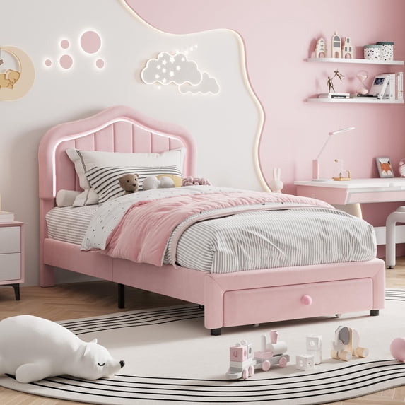 Huisuilinss Upholstered Twin Bed Frame With Storage Drawer,Cute Velvet Platform Bed,LED Bed Frame Full With Headboard,No Box Spring Needed,Wooden Slats,Noise Free
