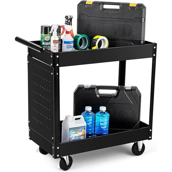 Huisuilinss Utility Service Cart, 2 Shelf 220LBS Heavy Duty Utility Carts with Wheels,Steel Rolling Utility Cart, 360° Swivel Wheels,Ergonomic Storage Handle for Warehouse Garage
