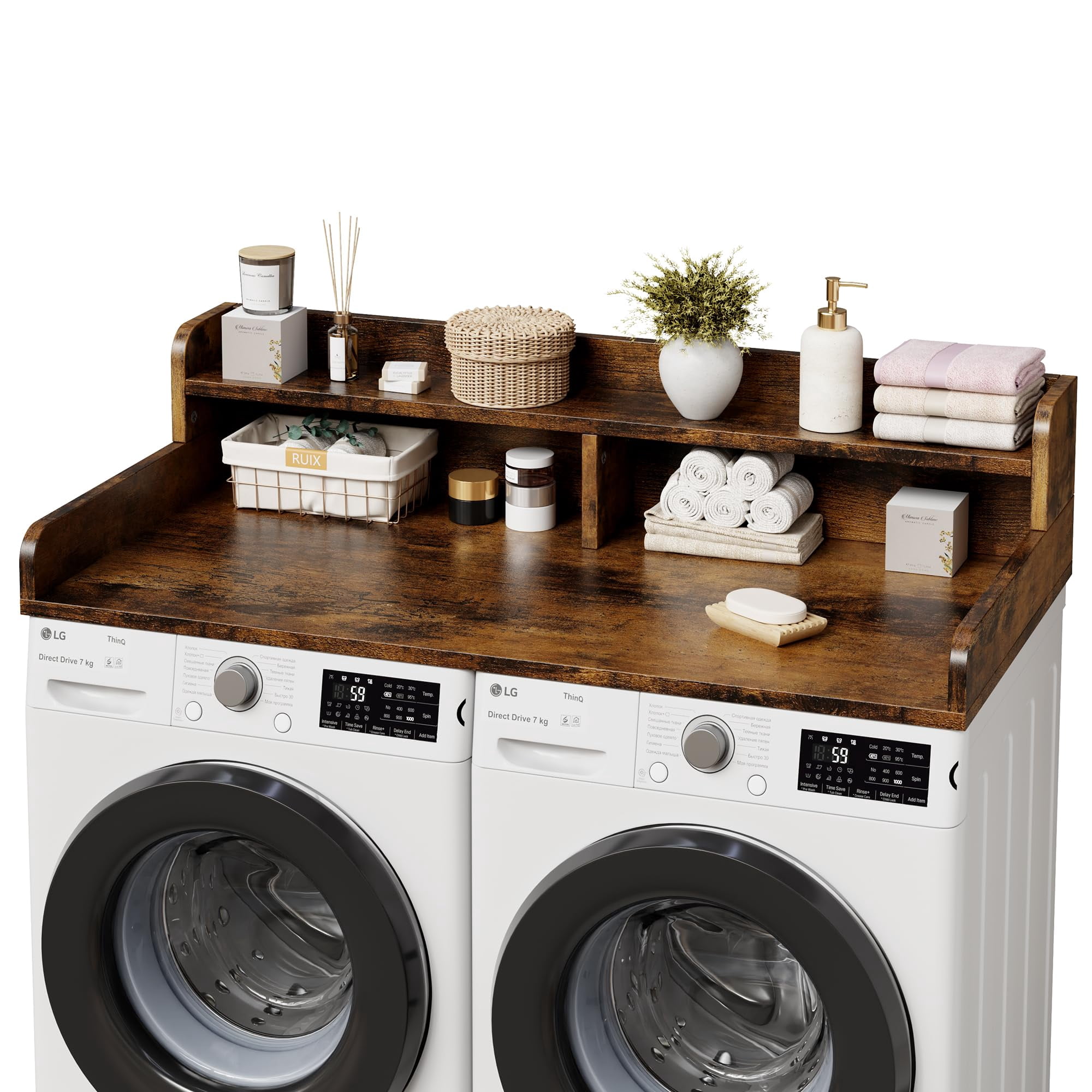 Huisuilinss Washer Dryer Countertop,2-Tier Washer And Dryer Countertop,Wood Laundry Countertop With Shelf & Drawer,Washer Dryer Topper With Non-Slip Pad And Guard Rails,Laundry Topper For Laundry Roo