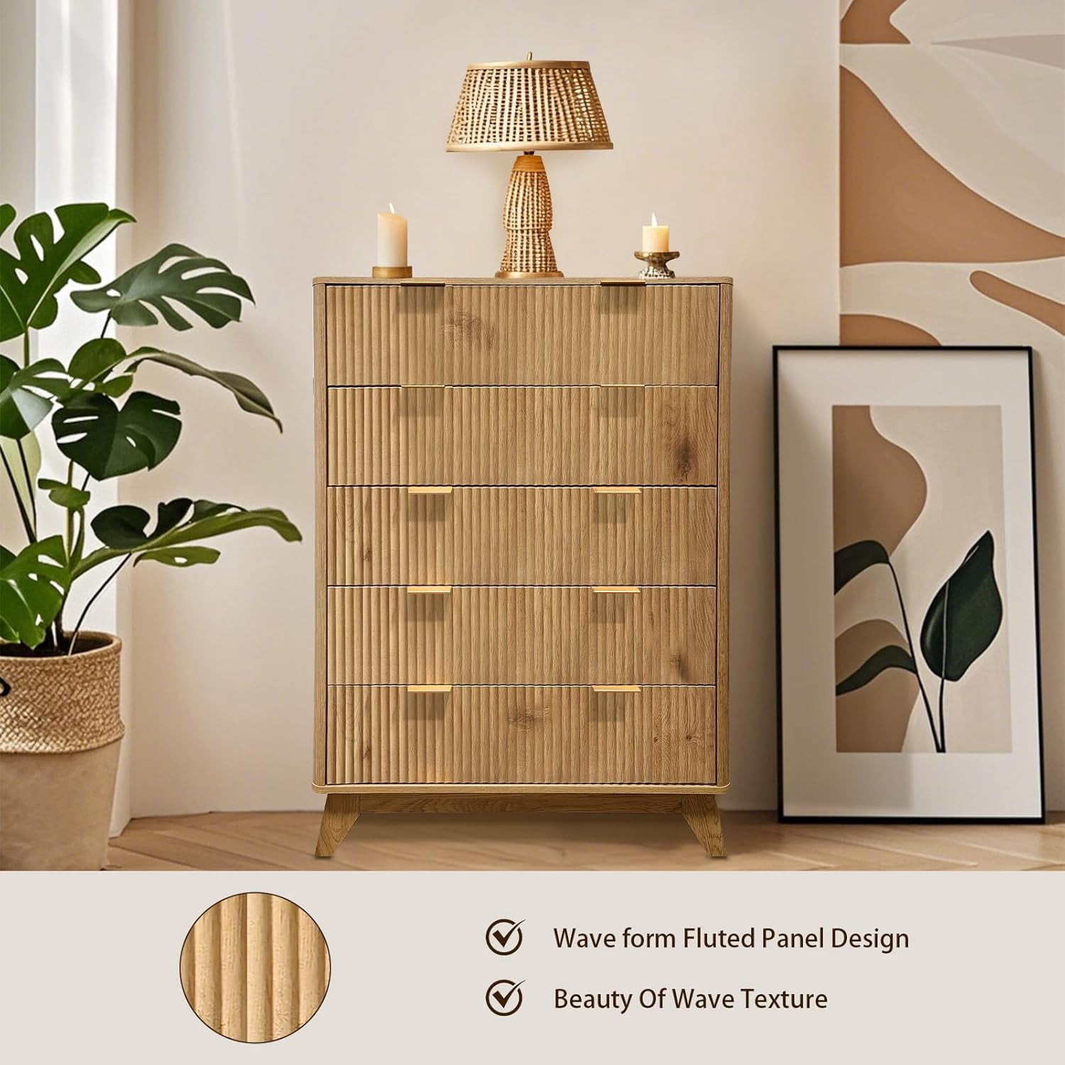 Huisuilinss Wave Fluted 5 Drawer Dresser for Bedroom, 48-Inch Modern ...
