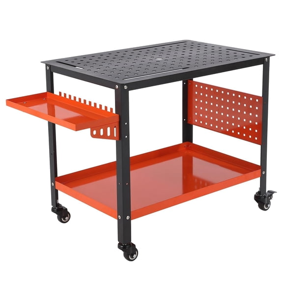 Huisuilinss Welding Table With Wheels,36"x24" Steel Welding Workbench Table,Portable Work Bench With Side Tool Tray,Casters,Tool Slots, 5/8-Inch Holes For Shop Garage