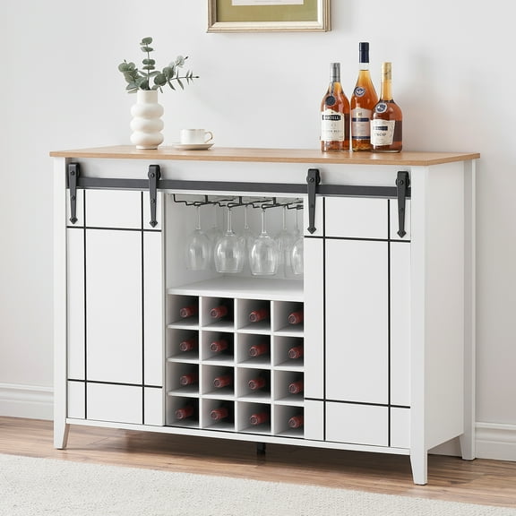 Huisuilinss Wine Bar Cabinet,47" Wood Coffee Bar Cabinet With Sliding Barn Door,Sideboard Buffet Cabinet With 16 Wine & Glass Rack,Storage Shelves For Kitchen Dining Room Living Room