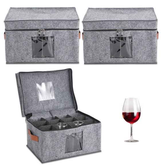 Huisuilinss Wine Glass Storage Box With Dividers,3-Pack Stemware Storage Case,Stackable china Storage Containers With Lids,Handles For Wine Glasses,Champagne Flutes,Crystal Cups Moving Protection