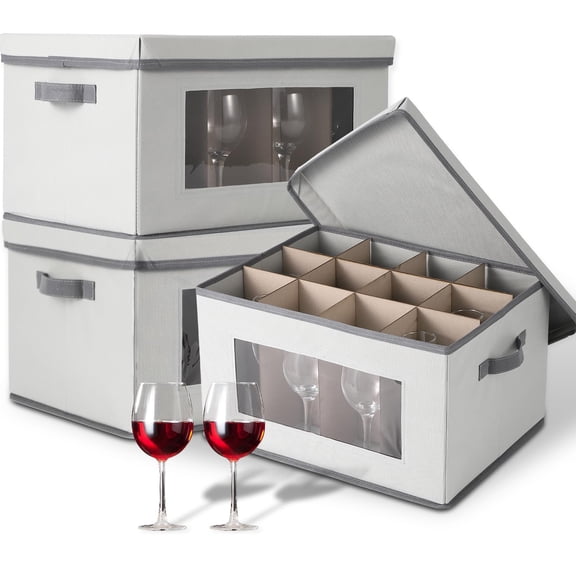 Huisuilinss Wine Glass Storage Box,Stemware Storage Cases With Dividers,China Storage Containers,12-Compartment Moving Boxes With Lid,Handle & Clear Window For Dishes,Cups,Mugs,Stemware,3Pack