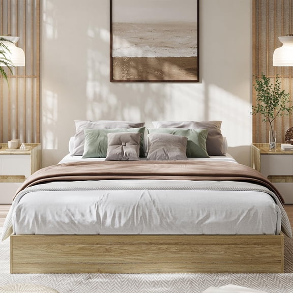 Huisuilinss Wood Platform Bed Without Headboard,Low Profile Bed Frame,Modern Minimalist Design Space-Saving Bed Frame With Wooden Slats,No Box Spring Needed,Easy Assembly