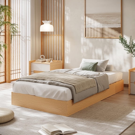 Huisuilinss Wood Platform Bed Without Headboard,Low Profile Bed Frame,Modern Minimalist Design Space-Saving Bed Frame With Wooden Slats,No Box Spring Needed,Easy Assembly