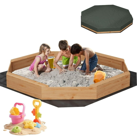 Huisuilinss Wooden Octagon Sandbox With Cover,Outdoor Sand Box,Large Sandpit For Ages 3-8,Spacious Kids Sand Pit With 4 Bench Seats,Nylon Cover,Bottom Liner For Beach Patio Backyard