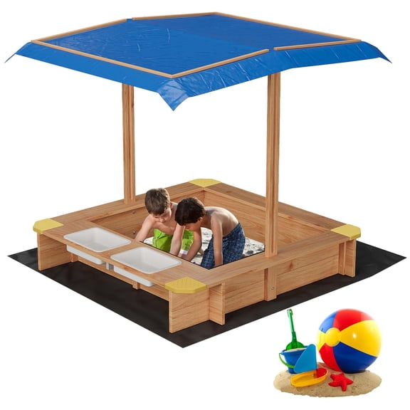 Huisuilinss Wooden Sandbox,Kids Sand Box With Adjustable Canopy,Spacious Outdoor Sand Pit With 2 Plastic Boxes,Bottom Liner,Anti-Collision Design For Ages 3-8,Beach,Patio,Backyard