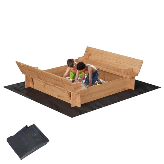 Huisuilinss Wooden Sandbox With Lid,Large Sandbox,Outdoor Sand Box With Bottom Liner,Foldable Bench Seats For Ages 4–8,Ideal For Patio Backyard Beach