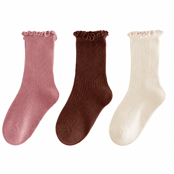Huiway 3 Pairs Toddler Girls Ruffle Socks Kids Cute Frilly Solid Color Long Socks Soft Knit Mid Tube Socks