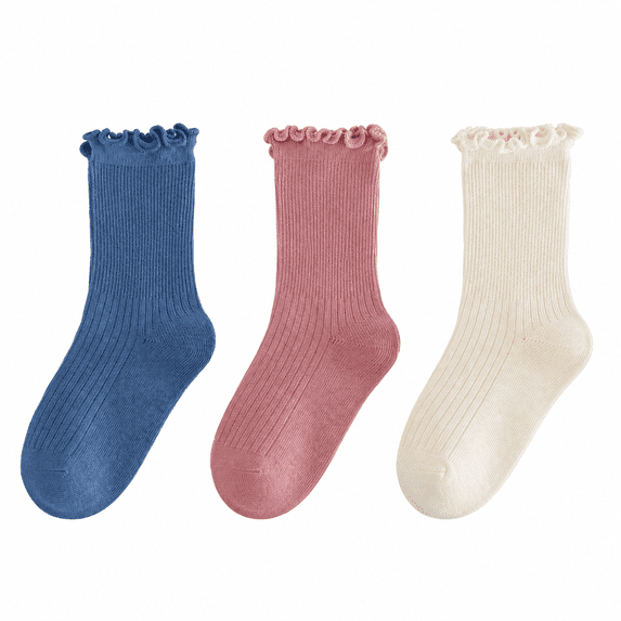 Huiway 3 Pairs Toddler Girls Ruffle Socks Kids Cute Frilly Solid Color Long Socks Soft Knit Mid Tube Socks