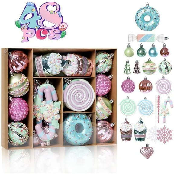 Huiyi 100PCS Colorful Candy Ornament Set for Mini Christmas Tree,Christmas Tree Hanging Cupcake Donut Candy Christmasfor Candyland Wedding and Home Deco