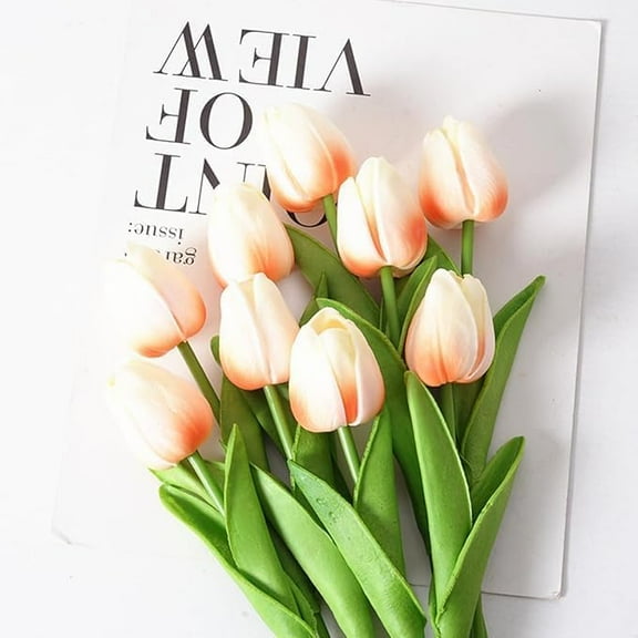 Huiyi Artificial Tulips Flowers Fake Flowers, 10 Faux Flower Tulips BouquetsTulip Bouquet Latex Tulips Real Touch for Party Home Wedding Decoration and DIY Decor(Green Champagne)