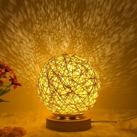 Huiyi LED Rattan Ball Table Light, Round Base Dimmable Night Lights Wooden Rattan LED Table Lamp with USB Cable Atmosphere Night Light for Living Room