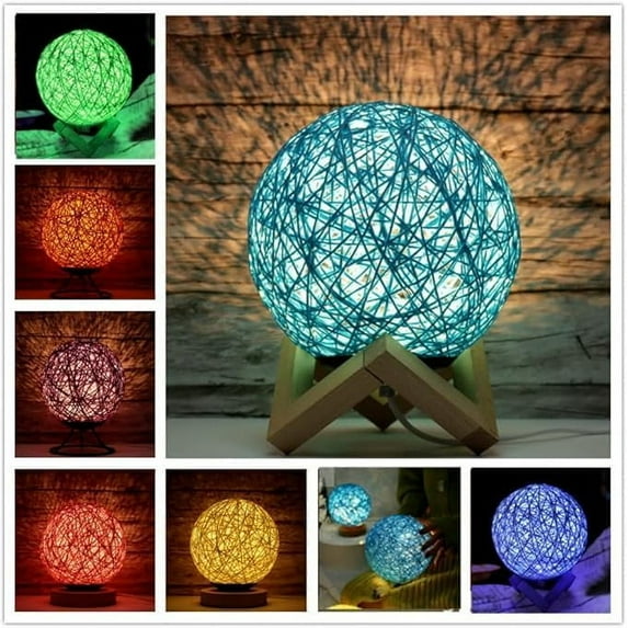 Huiyi LED Rattan Ball Table Light, Round Base Dimmable Night Lights Wooden Rattan LED Table Lamp with USB Cable Atmosphere Night Light for Living Room