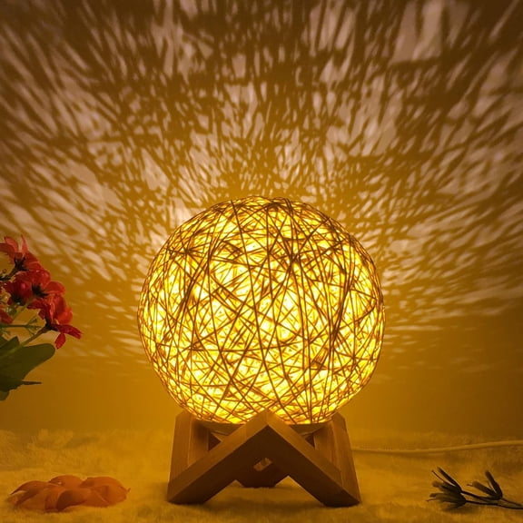 Huiyi Rattan Ball Lamp, Bracket Seat Dimmable Night Lights Wooden Rattan LED Table Lamp with USB Cable Atmosphere Night Light for Living Room