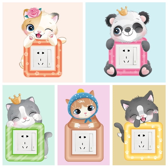 Huizhicai CH46048 Cute Animal Switch Wall Decal - Self-Adhesive, Residue-Free, Removable Cat & Panda Home Decor Sticker