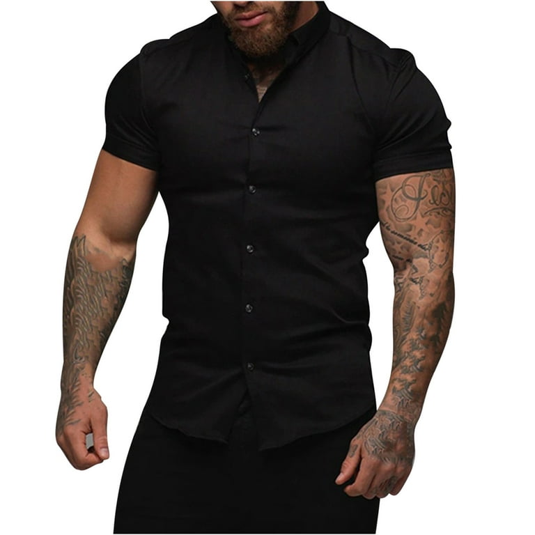 Huk Fishing Shirts For Men Black Dress Shirts for Men Men Casual Solid  Slim-fit Turn-down Collar Button Short Sleeve Business Shirt Beach Shirts  For Men,Black,3XL 