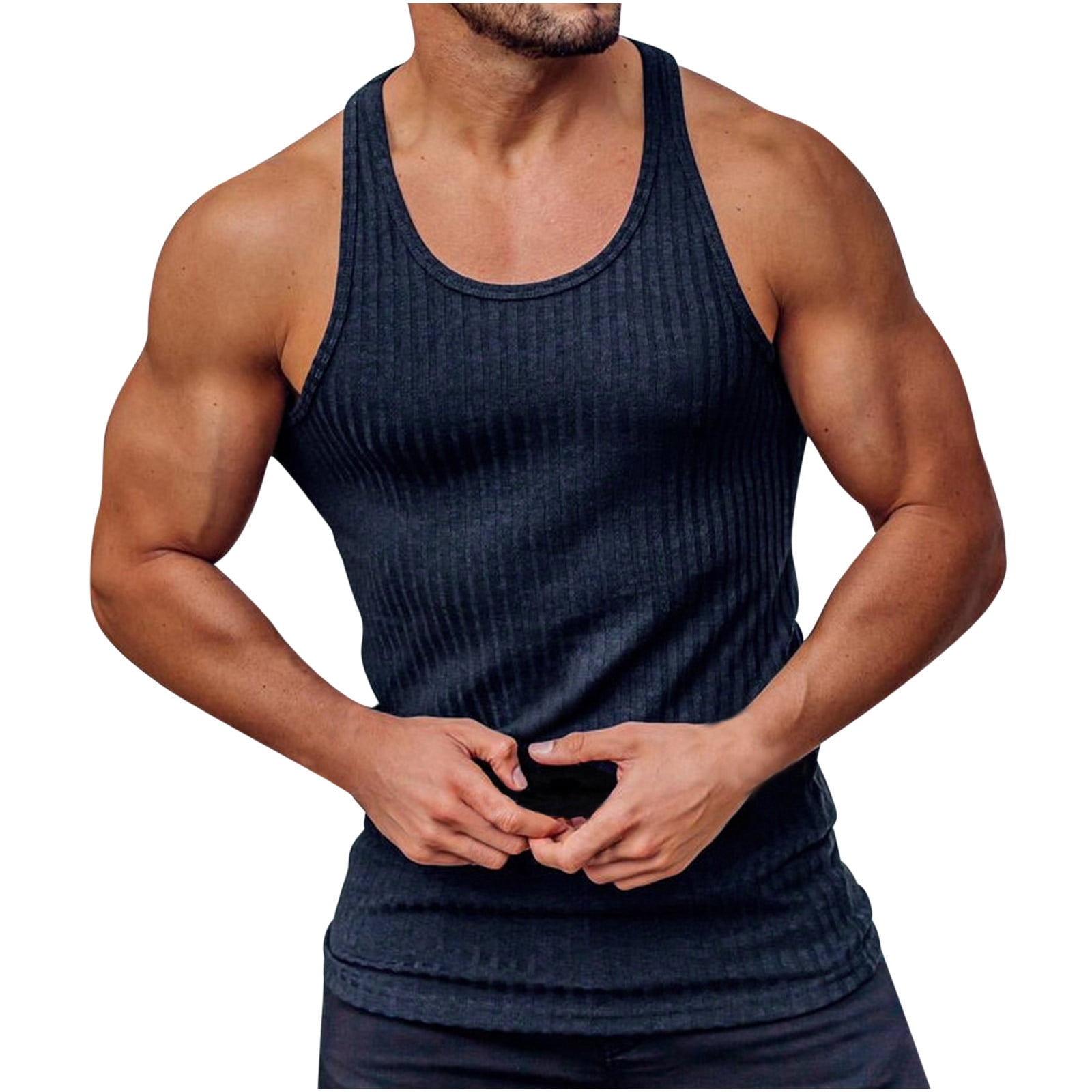 Huk Fishing Shirts For Men Men Casual Solid Tight Fitting Sports Stripe Gym  Tank Tops Vest Muscle Camisole For Men,Navy,XL