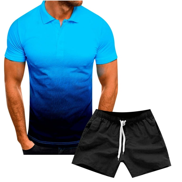 Huk Fishing Shirts For Men Men's 3D Gradient Lapel Half Button Pullover  Sports Casual Short Sleeve T-Shirt Pants Set Suit Muscle Shirts For  Men,Blue,4XL 
