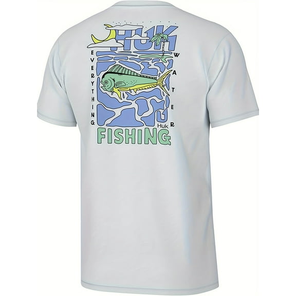 Huk Men's 100% Cotton 180g White Short-Sleeve T-Shirt with Vibrant Sea Fish Print - Relaxed Fit, Round Neck, Machine Washable, Perfect for Outdoor Fishing and Casual Wear, Fishing Gear