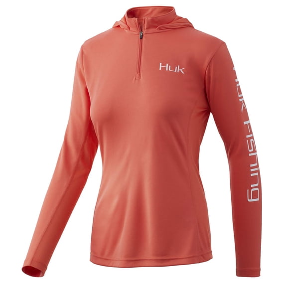 Huk Women's Icon X Hoodie Performance Shirt (Fusion Coral, X-Small)