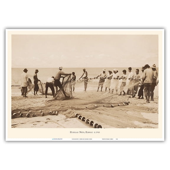Hukilau Nets - Hawaiian Islands - Shore Fishing - Vintage Hawaiian Real Photo Postcard c.1940s - Master Art Print 10in x 14in