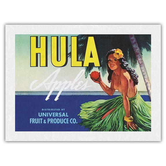Hula Brand Apples - Hawaiian Hula Girl - Universal Fruit and Produce Co. - Vintage Fruit Crate Label c.1930s - Japanese Unryu Rice Paper Art Print 24 x 32 in