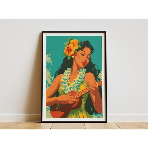 Hula Dancer Art Print Hawaiian Girl Ukulele Poster Tropical Wall Art Island Decor Vintage Style Hawaiian Print Hula Girl Art Print