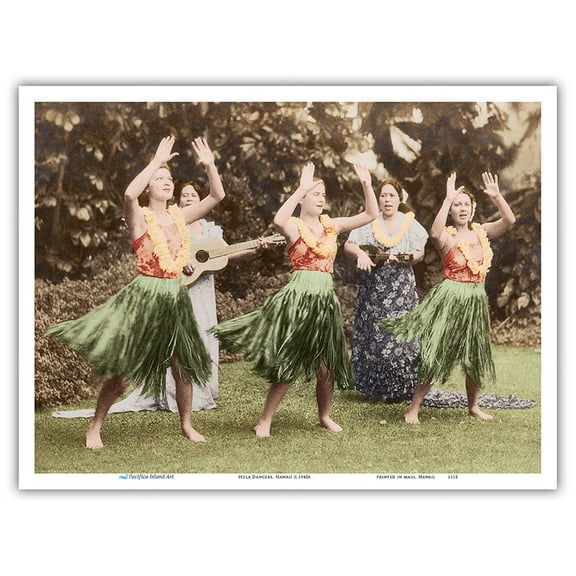 Hula Dancers Hawaii - Vintage Hawaiian Hand-Colored Postcard c.1940s - Master Art Print (Unframed) 9in x 12in