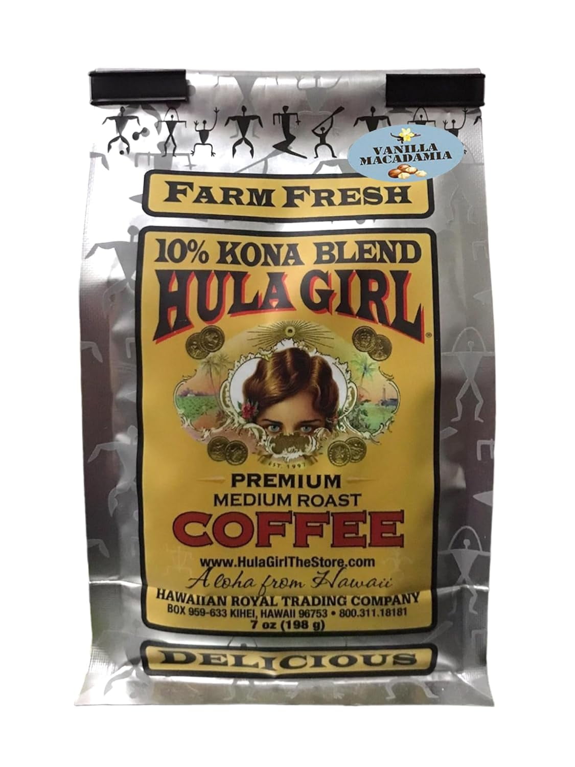Hula Girl 10% Kona Coffee Blend Vanilla Macadamia Nut 7oz