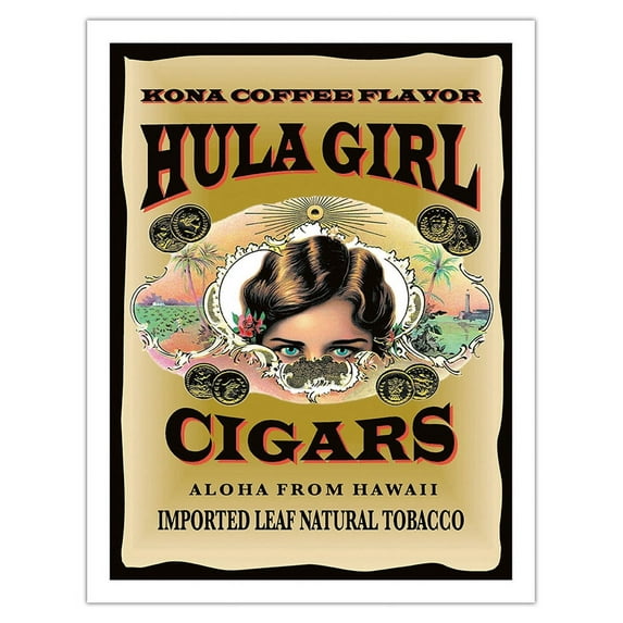 Hula Girl Brand Cigars - Kona Coffee Flavor - Aloha from Hawaii - Vintage Cigar Label by Hula Girl Store - Fine Art Matte Paper Print (Unframed) 20x26in