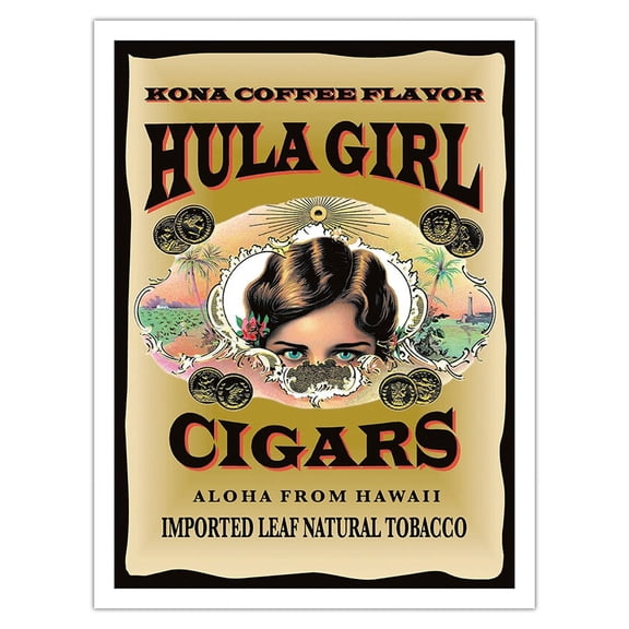 Hula Girl Brand Cigars - Kona Coffee Flavor - Aloha from Hawaii - Vintage Cigar Label by Hula Girl Store - Fine Art Matte Paper Print (Unframed) 24x32in