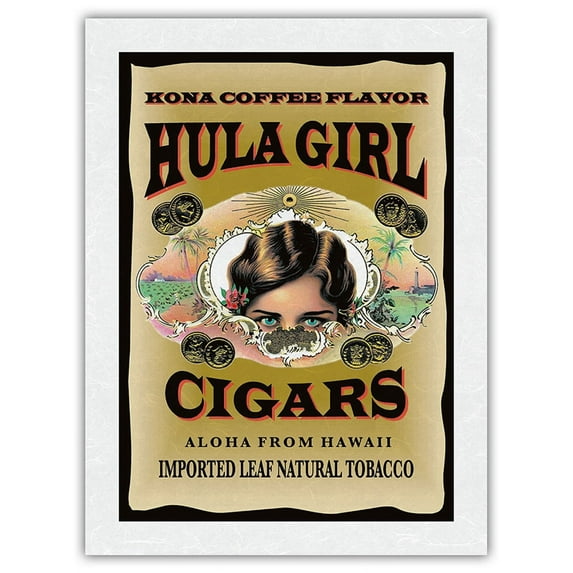 Hula Girl Brand Cigars - Kona Coffee Flavor - Aloha from Hawaii - Vintage Cigar Label by Hula Girl Store - Japanese Unryu Rice Paper Art Print 24 x 32 in