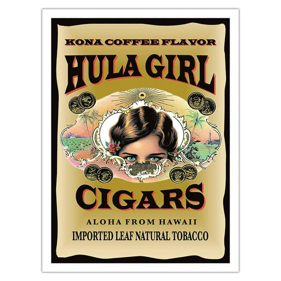 Hula Girl Brand Cigars - Kona Coffee Flavor - Aloha from Hawaii - Vintage Cigar Label by Hula Girl Store - Bamboo Fine Art 290gsm Paper (Unframed) 12x16in