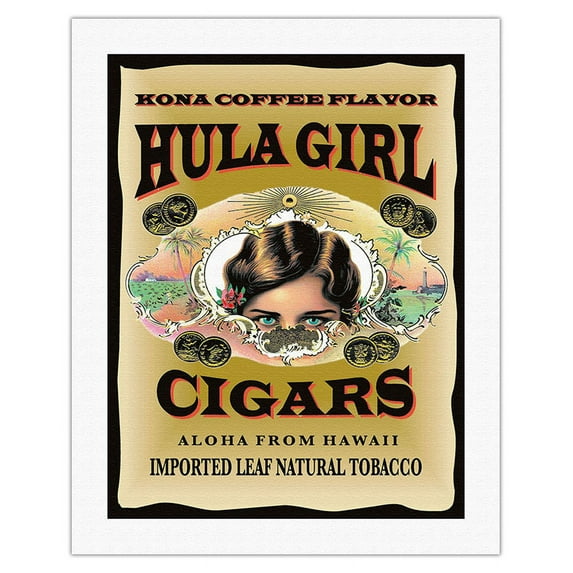 Hula Girl Brand Cigars - Kona Coffee Flavor - Aloha from Hawaii - Vintage Cigar Label by Hula Girl Store - Fine Art Rolled Canvas Print 20in x 26in