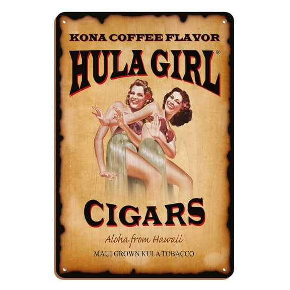 Hula Girl Cigars - Aloha from Hawaii - Kona Coffee Flavor - Vintage Cigar Label - 8 x 12 inch Vintage Wood Art Sign